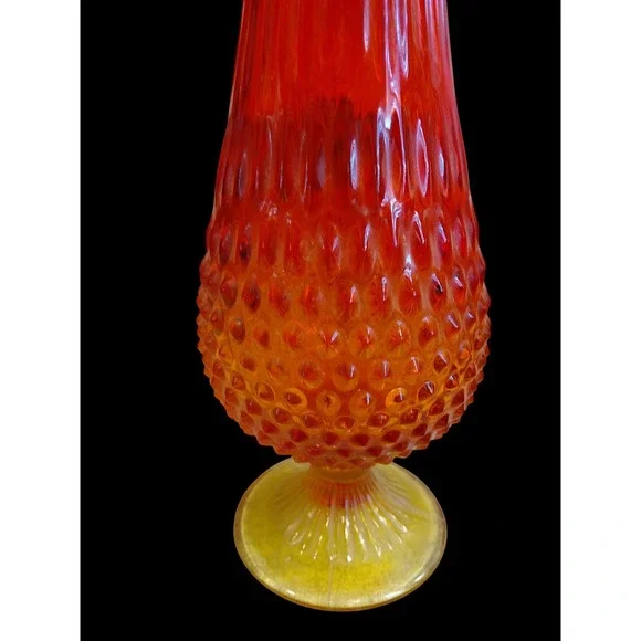 Vintage Red Orange Glass Hobnail Vase Fluted Top Trumpet Art Glass - Picture 8 of 8